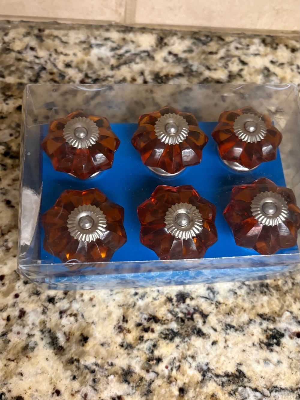 Amber Glass Flower Drawer Knobs with Silver Centers - Set of 6